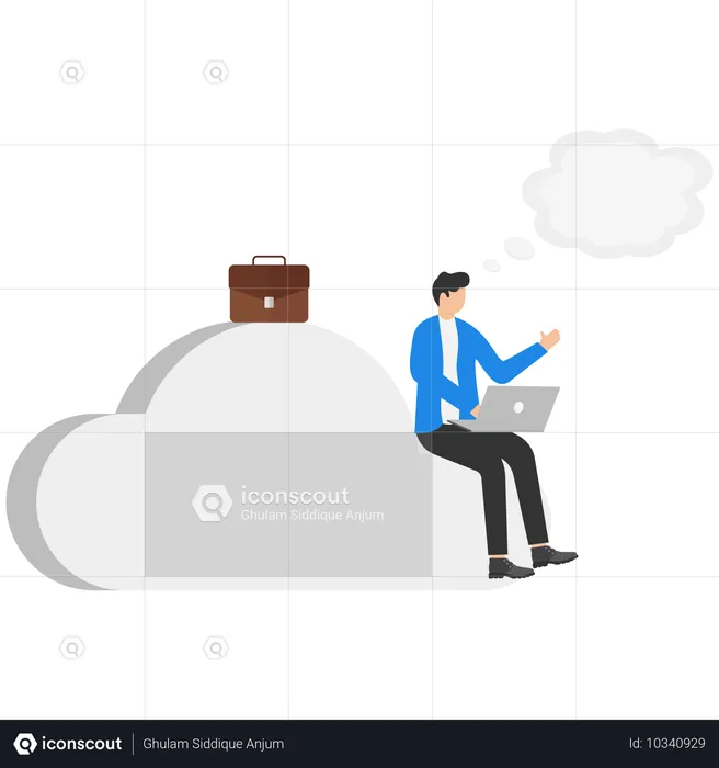 Un homme portant des lunettes assis sur un nuage avec un ordinateur portable  Illustration