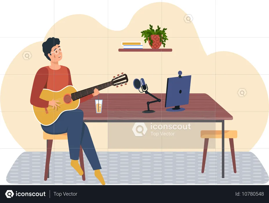 Un homme chante une chanson dans un microphone et enregistre l'audio  Illustration