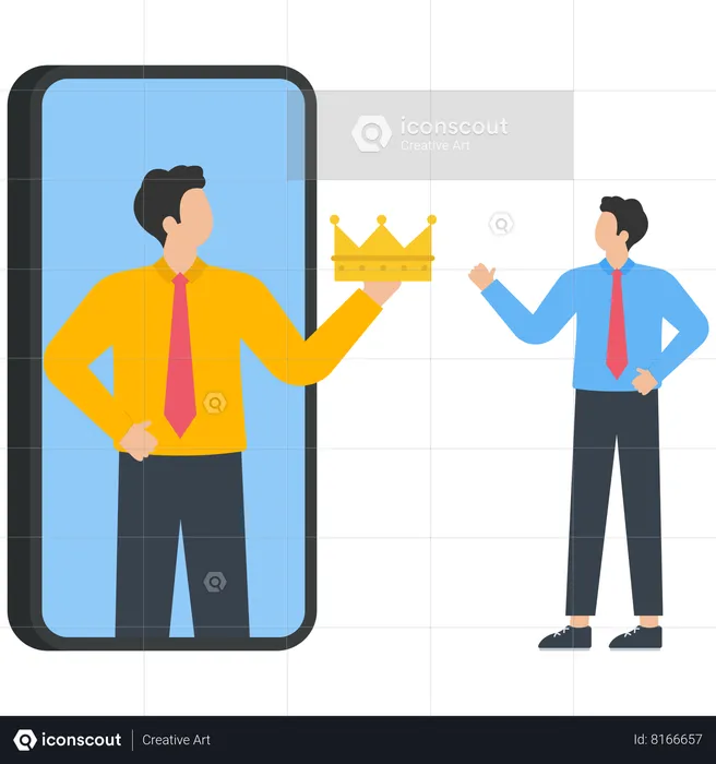 Un homme d'affaires ambitieux dans un miroir se met une couronne  Illustration