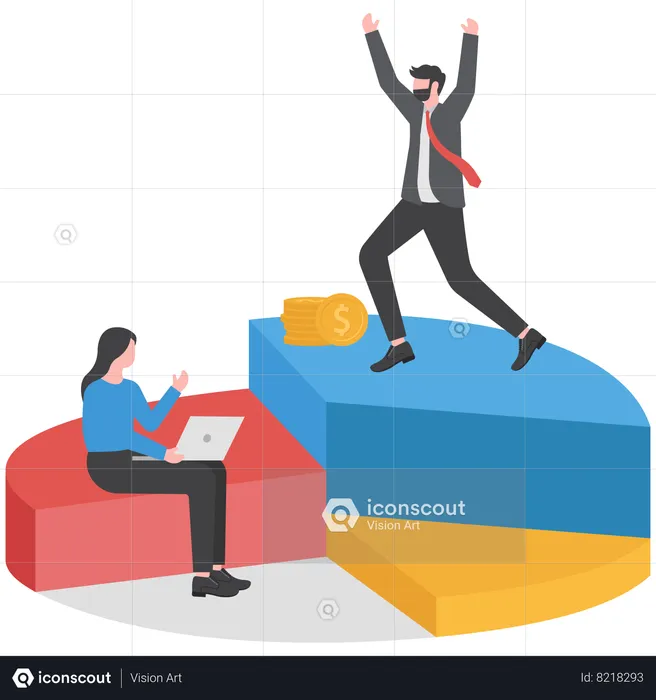 L'homme d'affaires analyse les bénéfices à l'aide d'un diagramme circulaire  Illustration