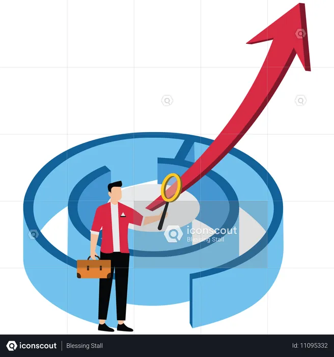 Un homme d'affaires avec une loupe debout à l'entrée d'un labyrinthe à la recherche de la direction de la flèche vers la sortie  Illustration