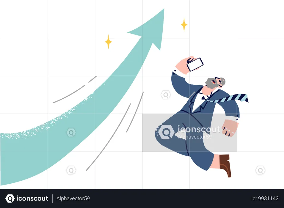 Un homme d'affaires expérimenté et ravi saute pour célébrer la croissance de la capitalisation boursière de l'entreprise  Illustration