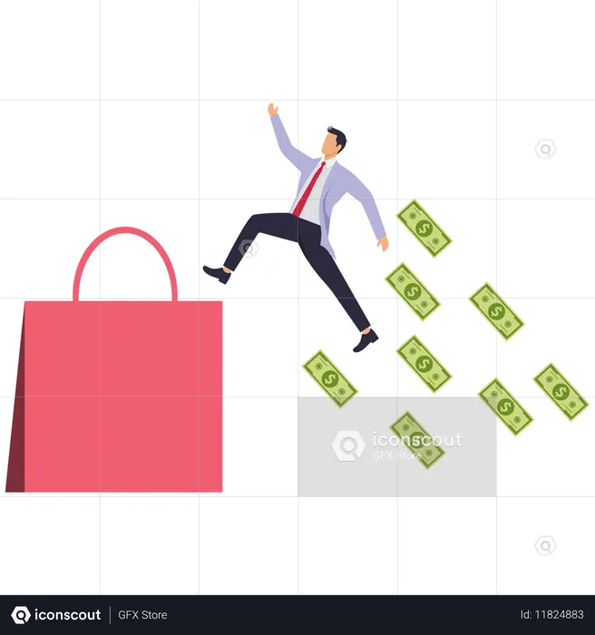 Un homme d'affaires saute par-dessus un grand sac de courses et l'argent se disperse derrière lui  Illustration