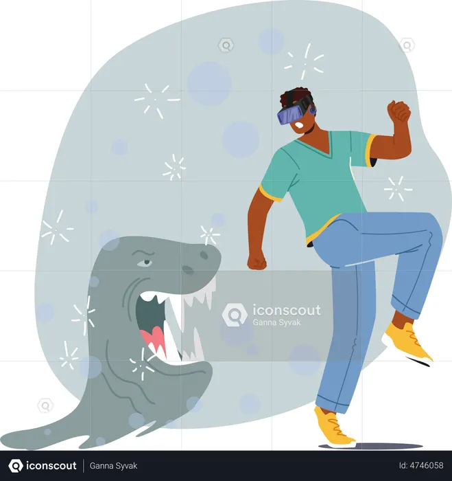 Un homme dans des lunettes VR s'échappe d'un monstre effrayant  Illustration