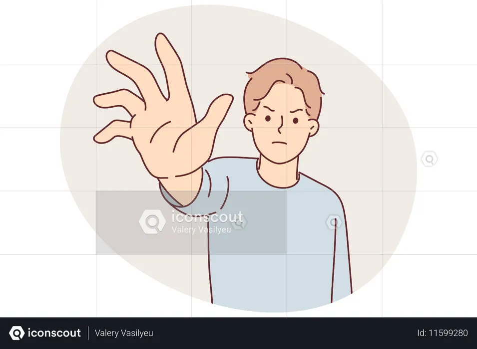 Un homme en colère tend la main vers l'écran pour tenter de retirer quelque chose ou d'arrêter des actions nuisibles  Illustration