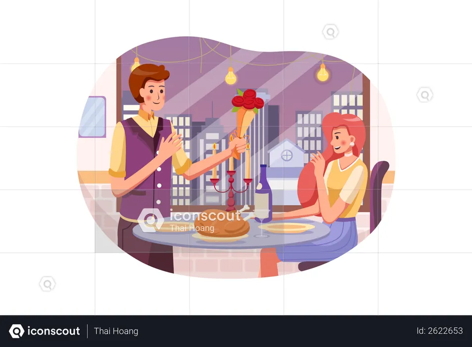 Un homme en costume donne un bouquet de roses à une femme lors de son dîner romantique au restaurant  Illustration