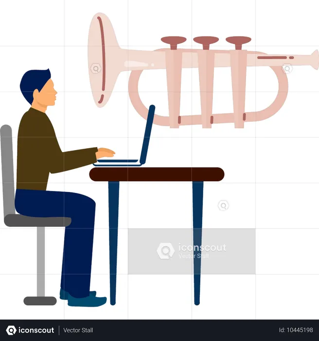 Un homme joue de la trompette sur un ordinateur portable  Illustration
