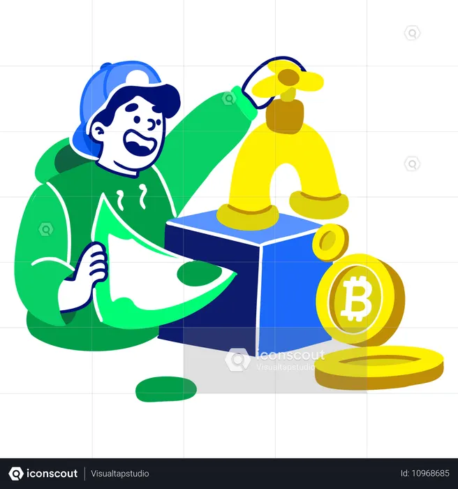 Un homme ouvre un robinet de crypto-monnaie  Illustration