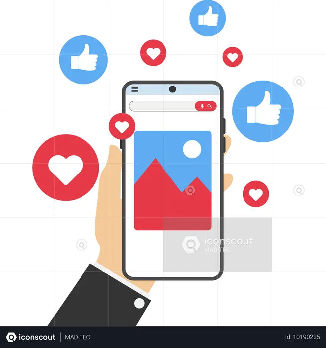 Un homme reçoit des likes sur une publication sur les réseaux sociaux  Illustration