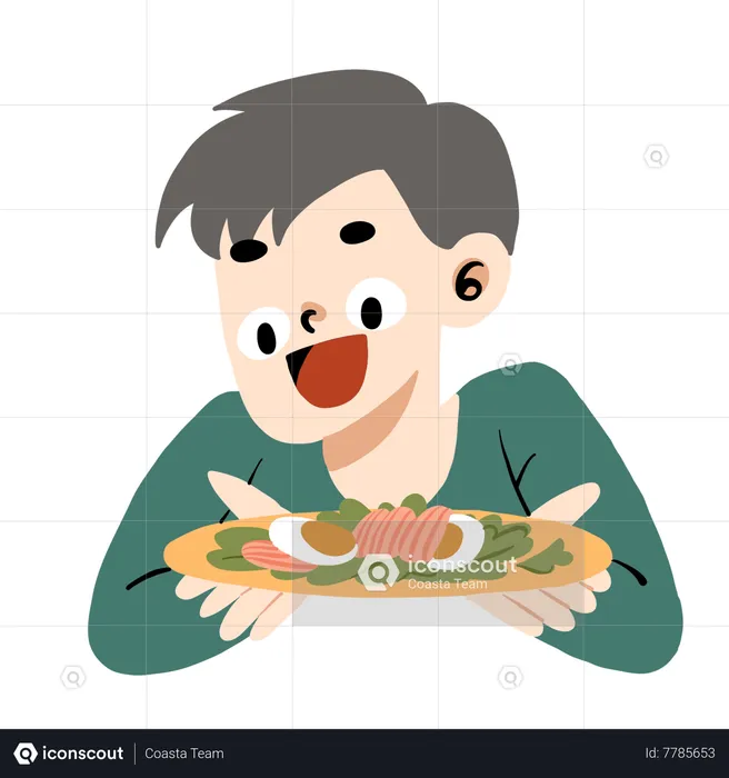 Un homme tenant une assiette de petit-déjeuner  Illustration