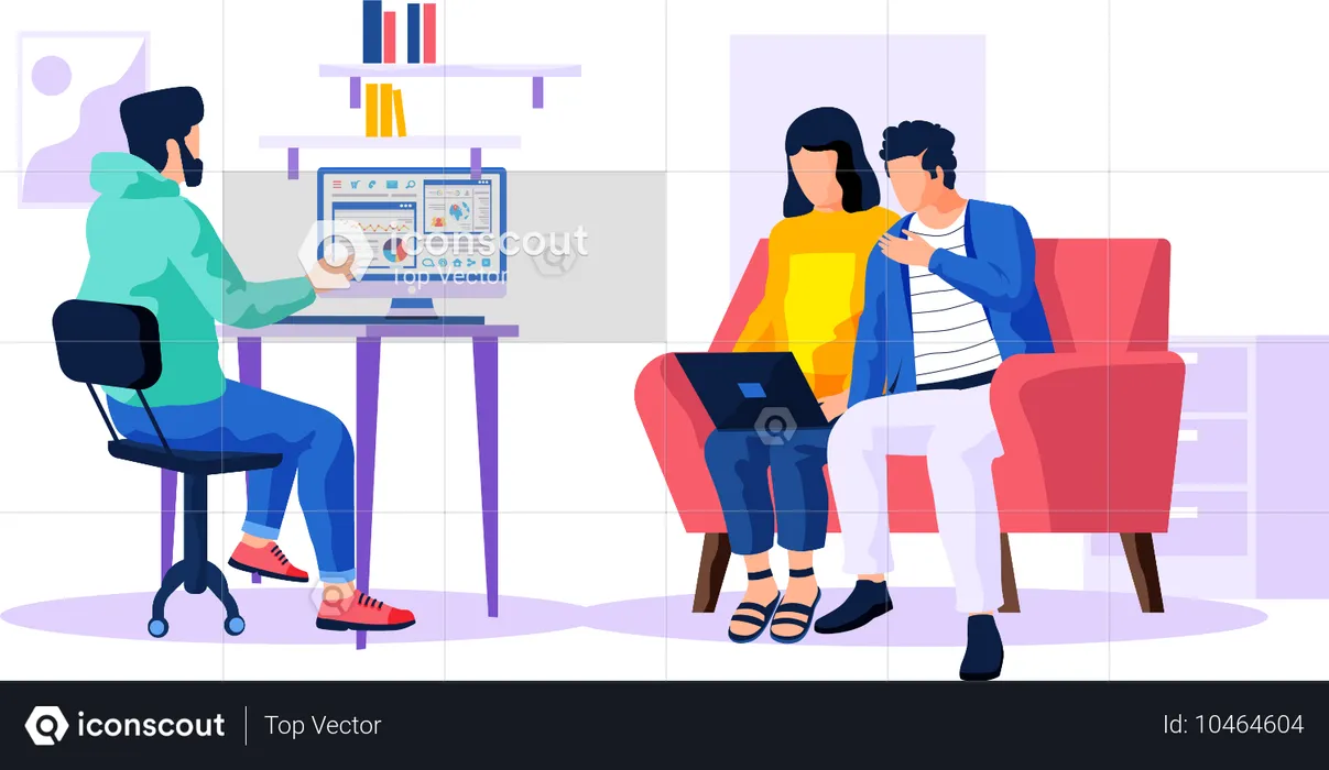 L'homme travaille avec des données et des statistiques commerciales tandis qu'un couple avec un ordinateur portable regarde la vidéo  Illustration