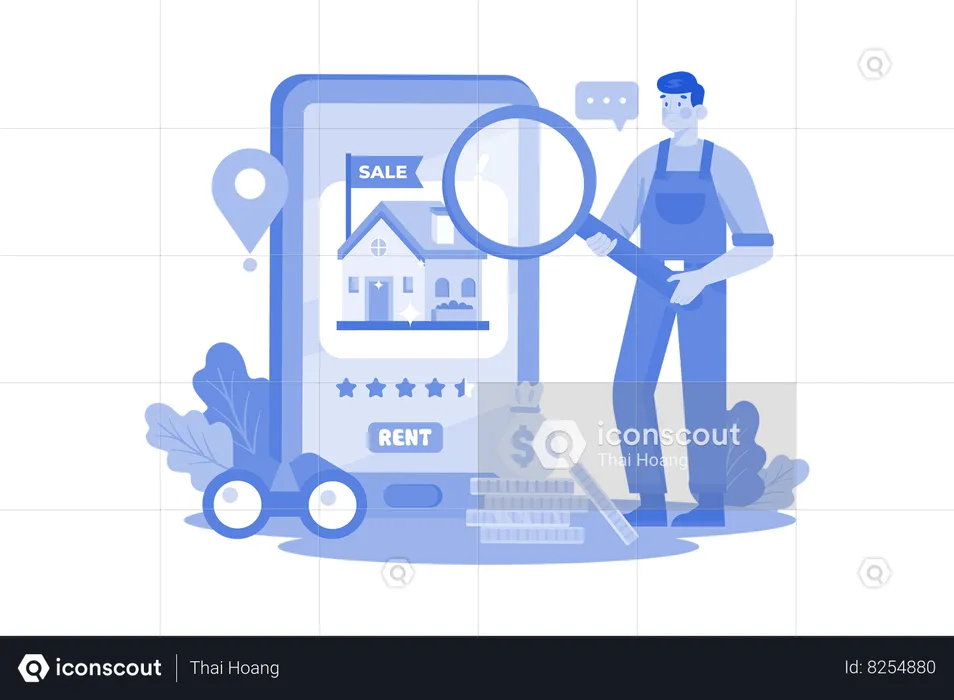 Un homme trouve une maison à louer sur une application mobile  Illustration