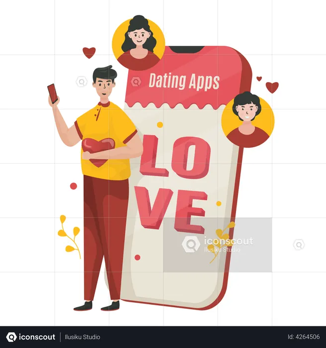 Un homme utilisant une application de rencontres en ligne  Illustration