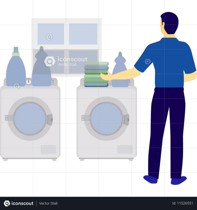 Un homme vérifie les vêtements lavés  Illustration