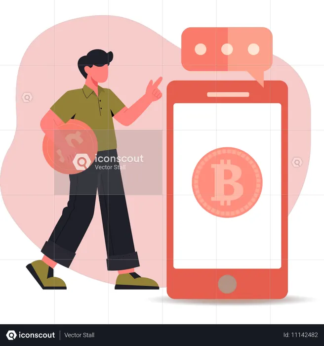 Un jeune homme pose des questions sur le bitcoin sur son mobile  Illustration