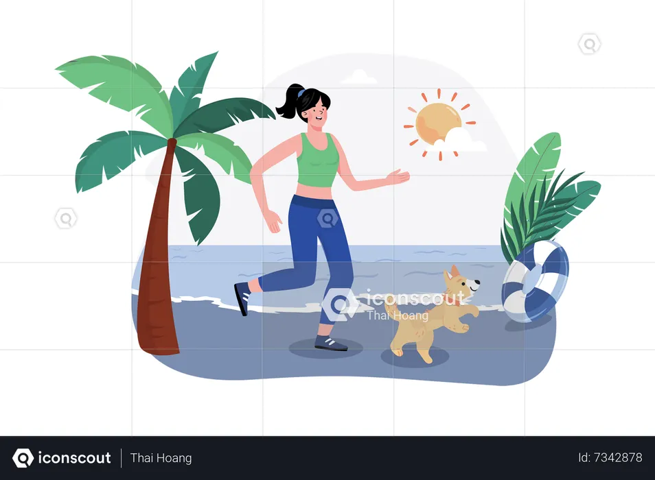 Un corredor corre por la playa para empezar el día con una actividad refrescante  Ilustración