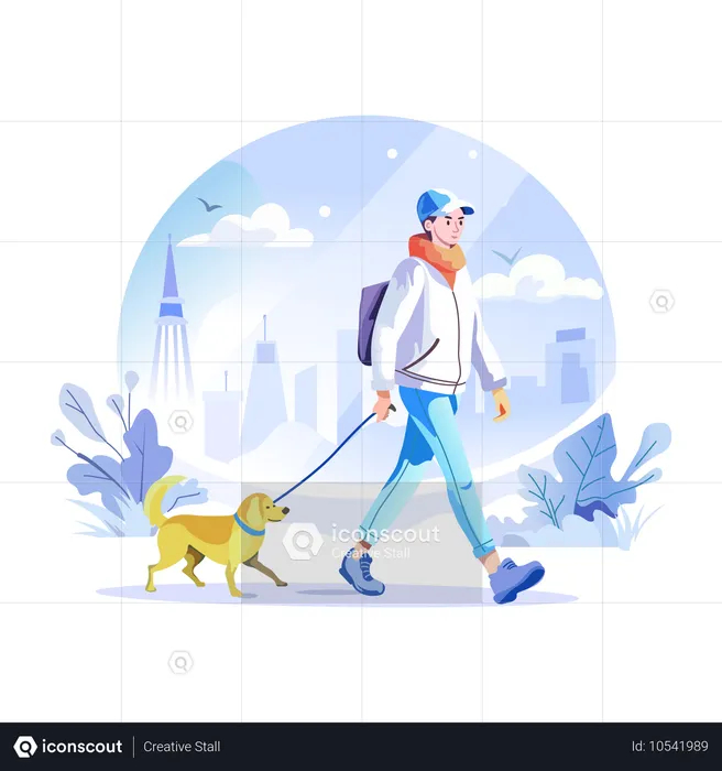 Un joven paseando a su mascota en invierno  Ilustración