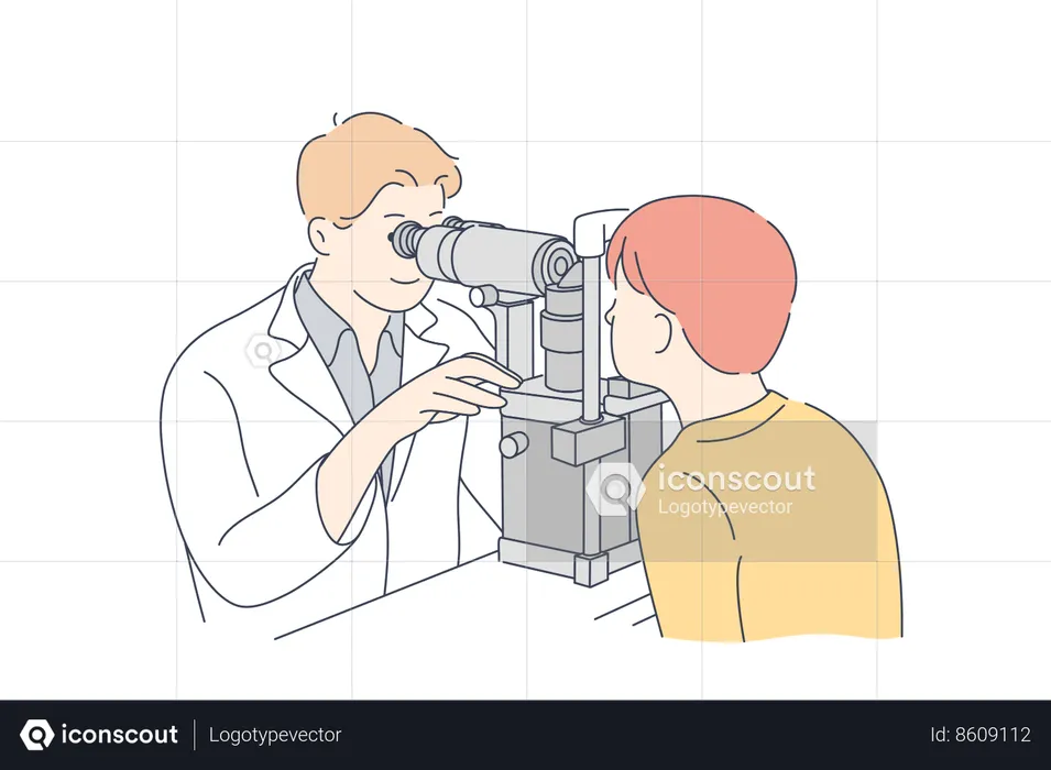 L'ophtalmologiste vérifie l'œil du patient  Illustration