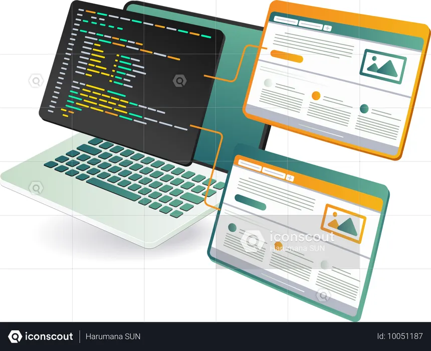 Un ordinateur portable avec une page Web et un code de programmation sur l'écran  Illustration