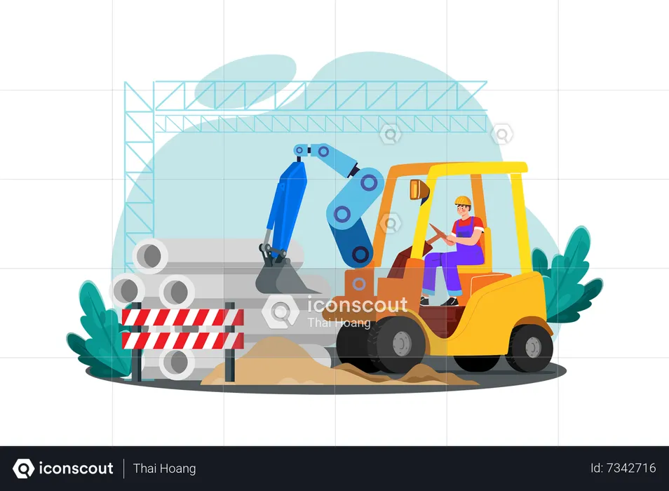 Un ouvrier du bâtiment utilise de la machinerie lourde pour dégager un chantier de construction  Illustration