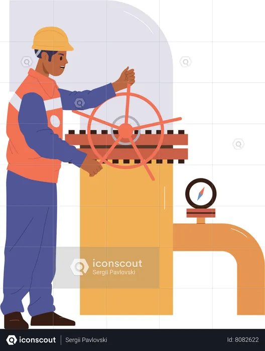 Un travailleur professionnel de l'industrie pétrolière en uniforme assure l'inspection technique des pipelines  Illustration