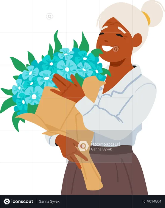 Un élégant personnage de femme âgée noire berce un bouquet vibrant de fleurs bleu vif, rayonnant de joie. Vieille dame reçoit un cadeau  Illustration