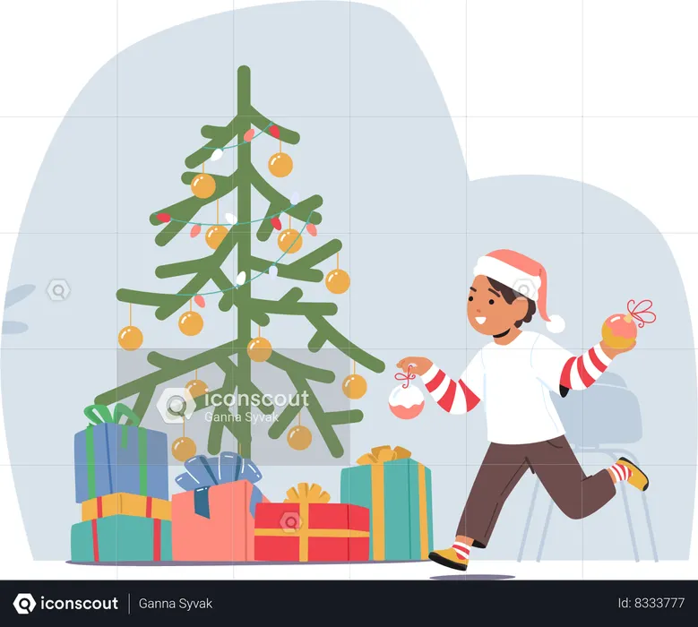 Un personnage de garçon joyeux orne le sapin de Noël avec des ornements colorés  Illustration