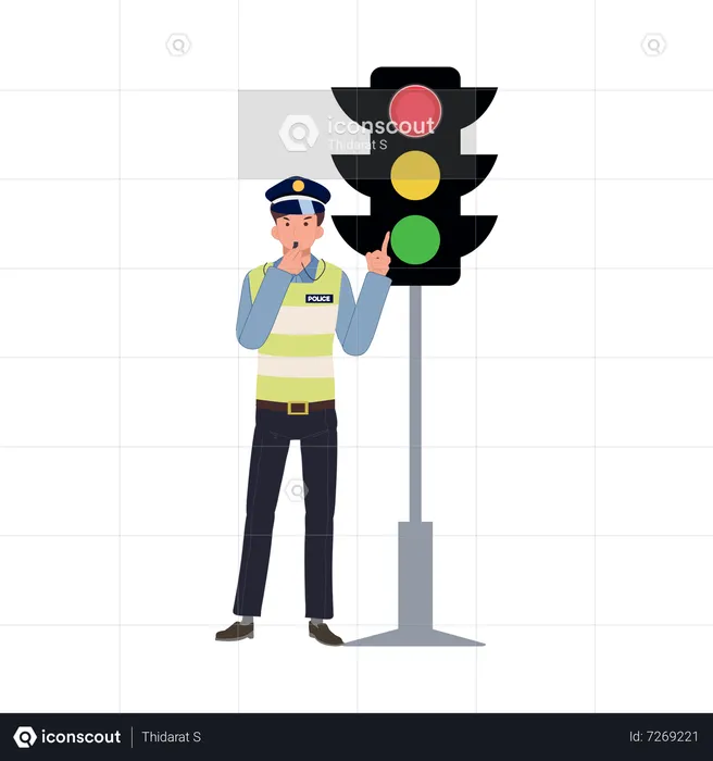 Un policía de tránsito haciendo sonar el silbato y señalando con el dedo índice el semáforo en rojo  Ilustración