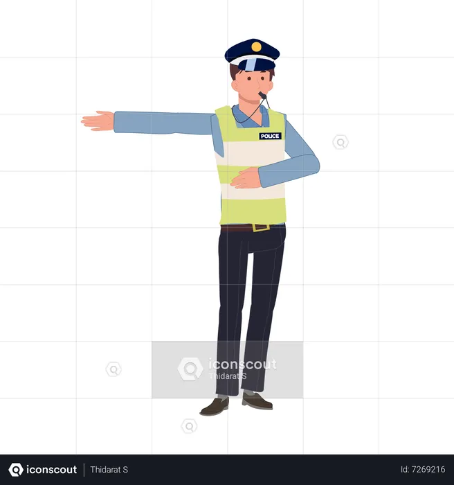 Un policía de tránsito toca el silbato y da paso a otro camino.  Ilustración