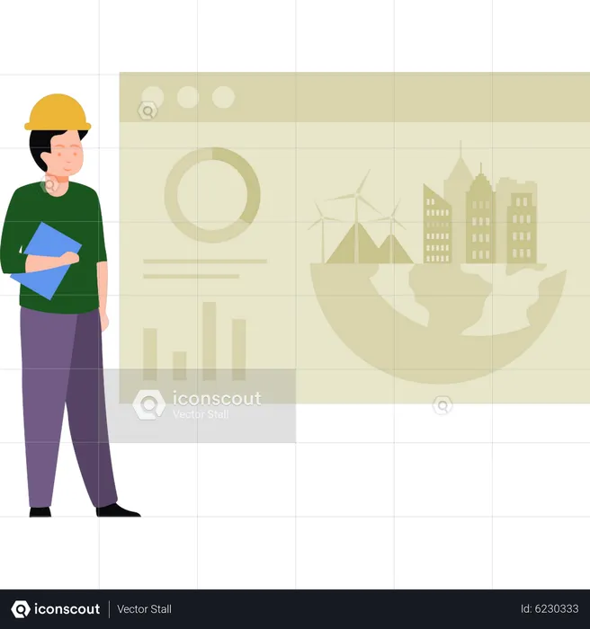 Un travailleur examine le rapport environnemental  Illustration