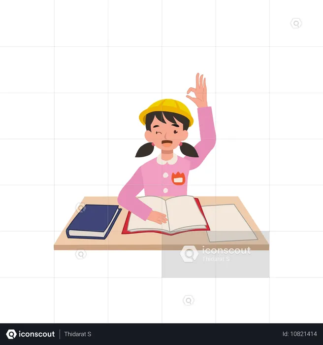 Una alegre niña japonesa en edad preescolar con uniforme de jardín de infantes se sienta en su escritorio con una mano levantada, mostrando un gesto de aprobación, disfrutando de su momento de aprendizaje en clase.  Ilustración