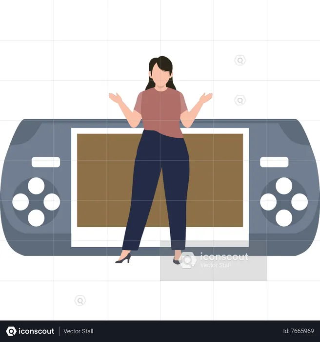 Una chica está parada junto a un videojuego.  Illustration