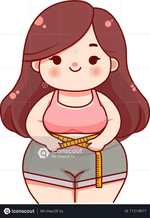 Una chica gorda mide la circunferencia de su cintura.  Ilustración