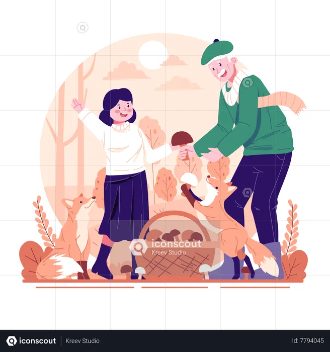 Una hija recogiendo setas con su abuelo.  Ilustración