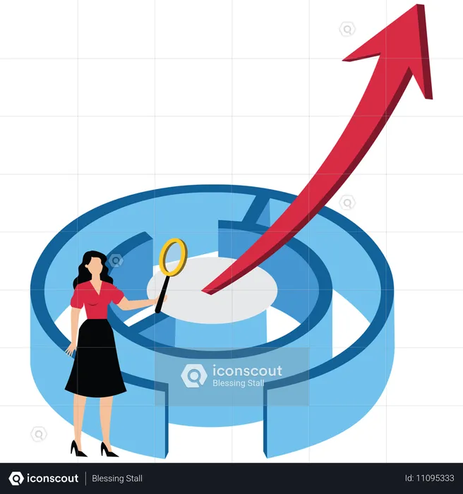 Una empresaria con una lupa parada en la entrada de un laberinto buscando la dirección de la flecha hacia la salida.  Ilustración