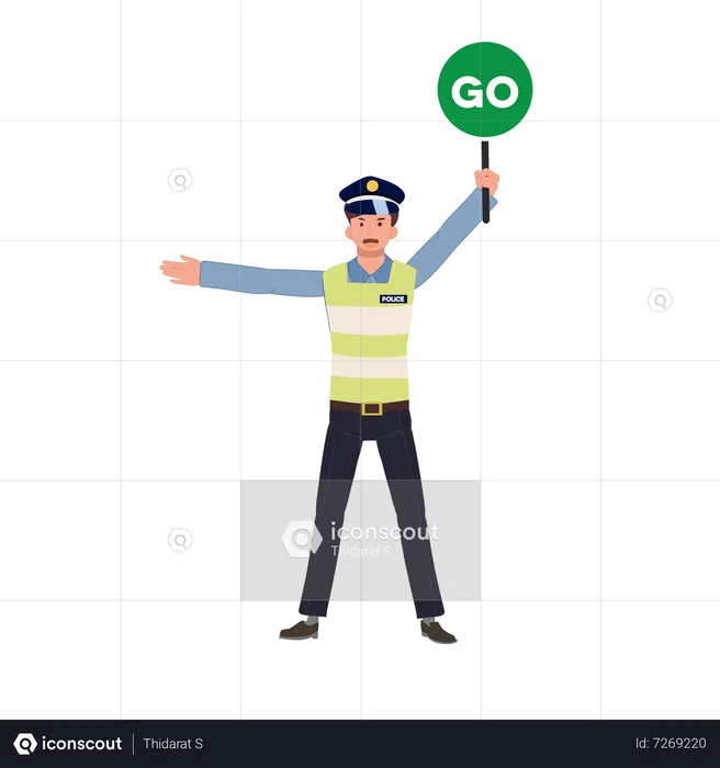 Un policía de tránsito deteniendo el tráfico con el cartel GO  Ilustración