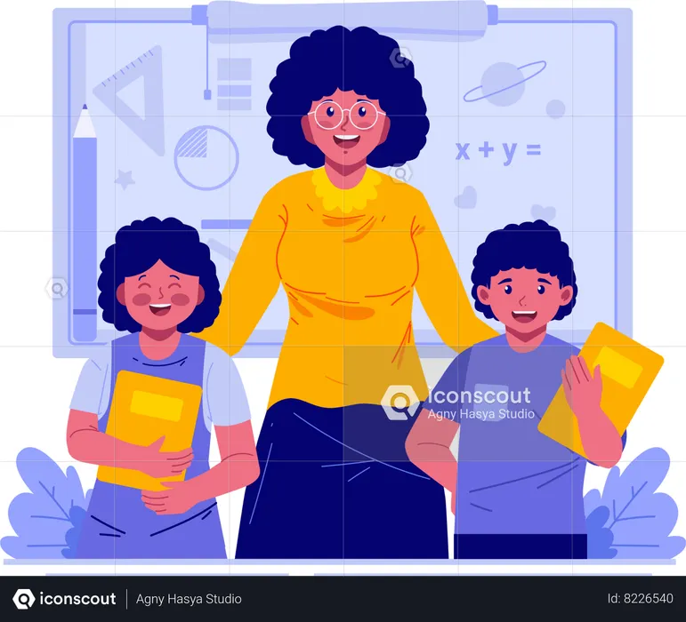 Una maestra con niños estudiantes  Ilustración