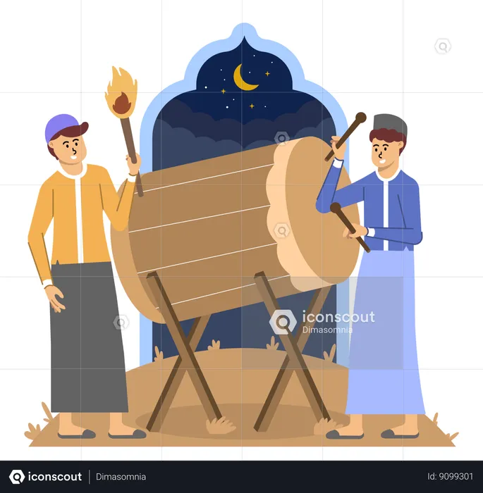 Under moonlit sky of Ramadan night one man kindles fire while another taps out rhythmic beats on drumstick  Illustration