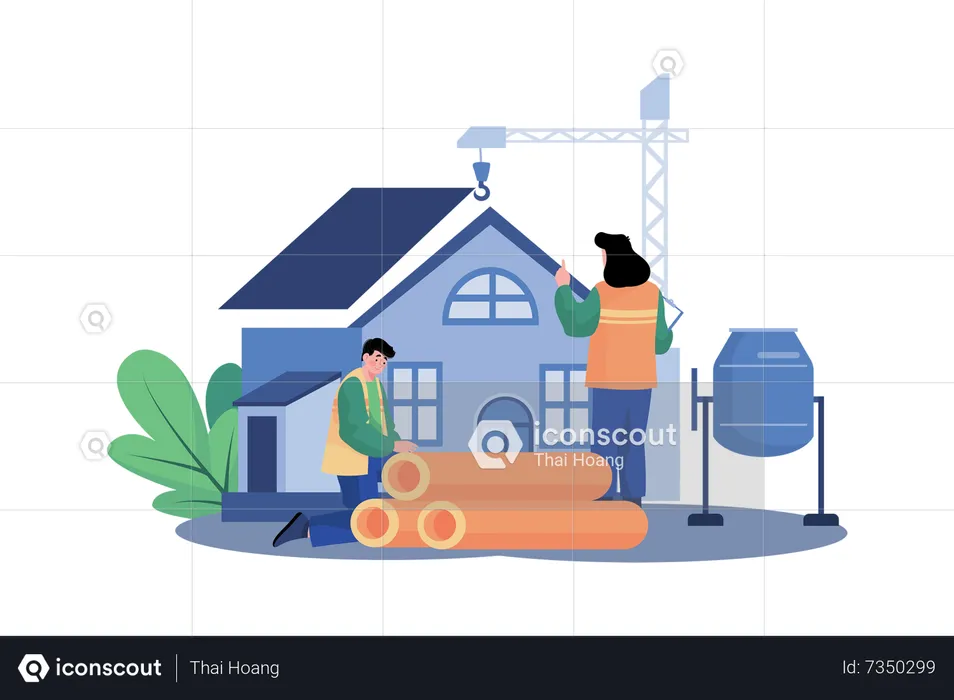 Une équipe de construction installe un nouveau toit sur un immeuble résidentiel  Illustration