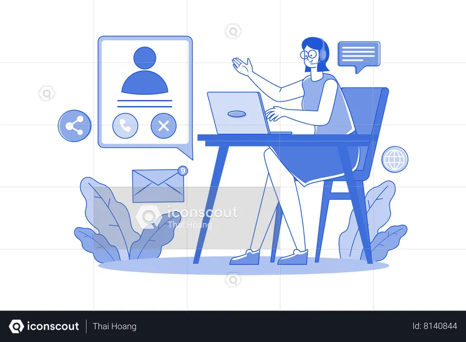 Une femme aide les gens grâce à un casque  Illustration
