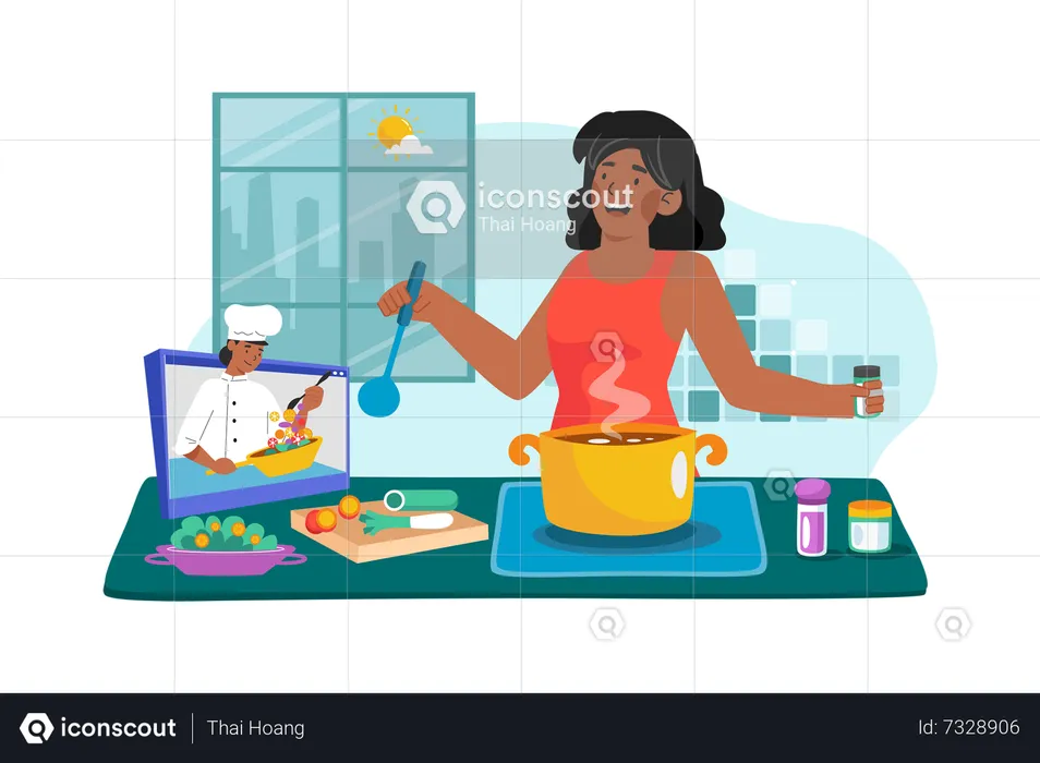 Une femme assiste à un cours de cuisine le matin pour apprendre de nouvelles recettes et techniques  Illustration