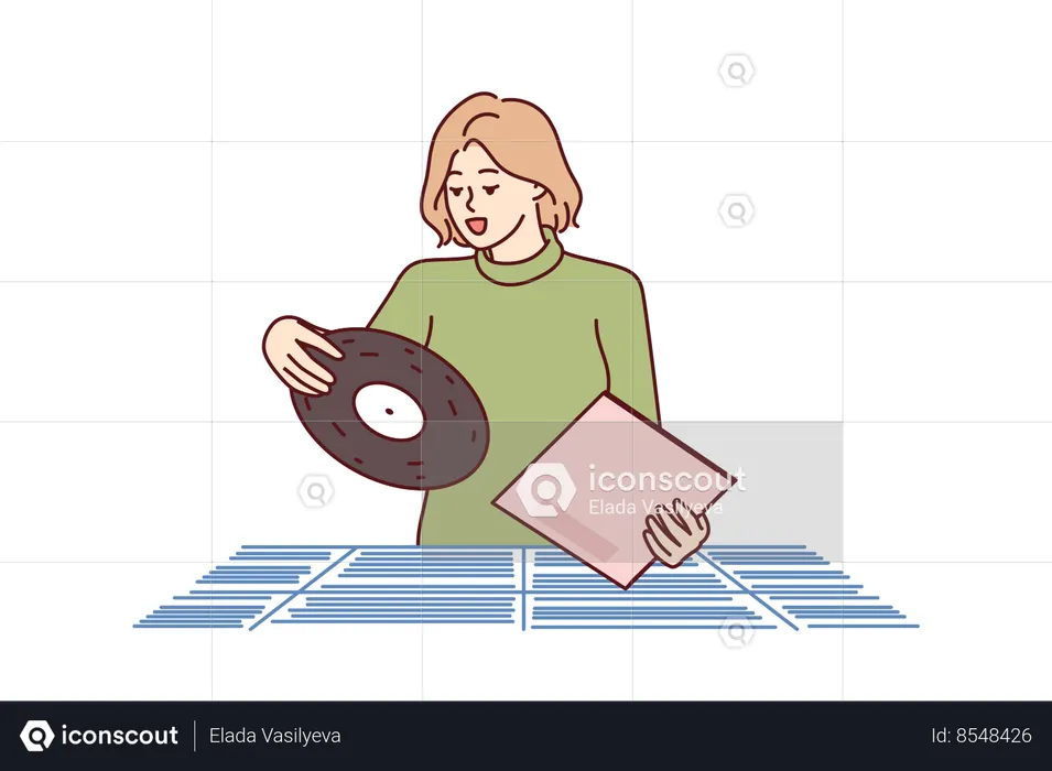 Une femme choisit un disque vinyle en magasin pour les collectionneurs de musique rétro et les amateurs d'audio analogique  Illustration