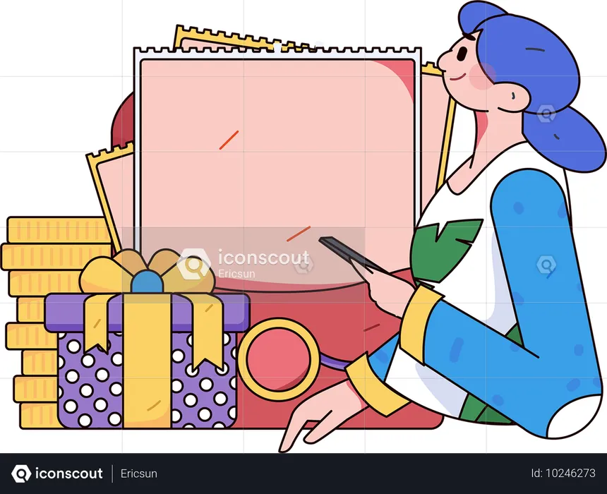 Une femme collecte des pièces de récompense grâce à ses achats en ligne  Illustration