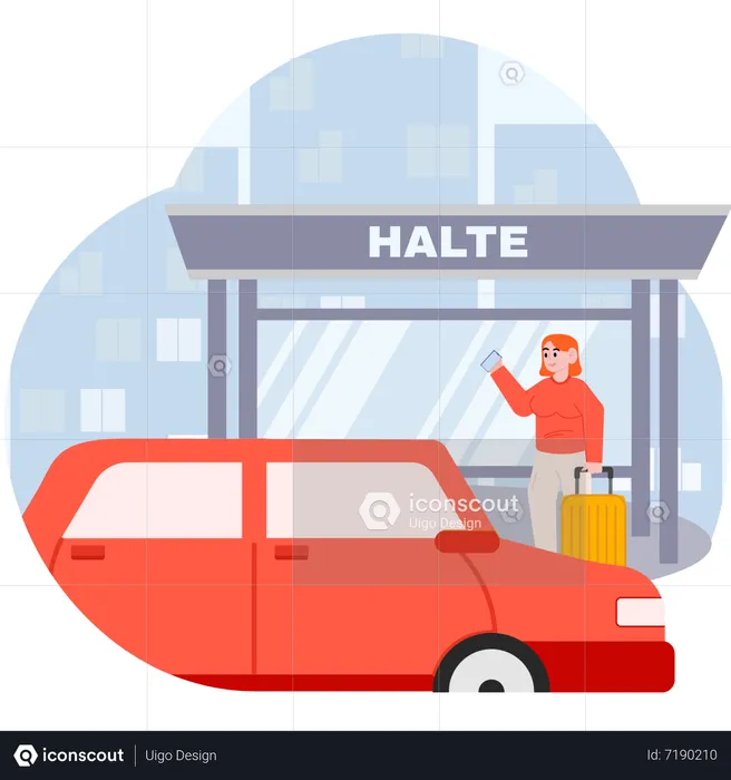 Une femme commande une voiture privée via une application en ligne  Illustration