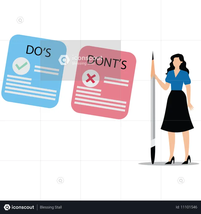 Une femme d'affaires écrit une liste de choses à faire et à ne pas faire sur des notes autocollantes  Illustration