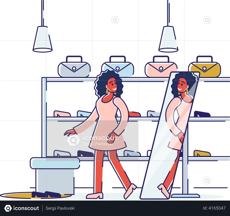 Une femme essaie des chaussures devant le miroir dans un magasin de chaussures  Illustration