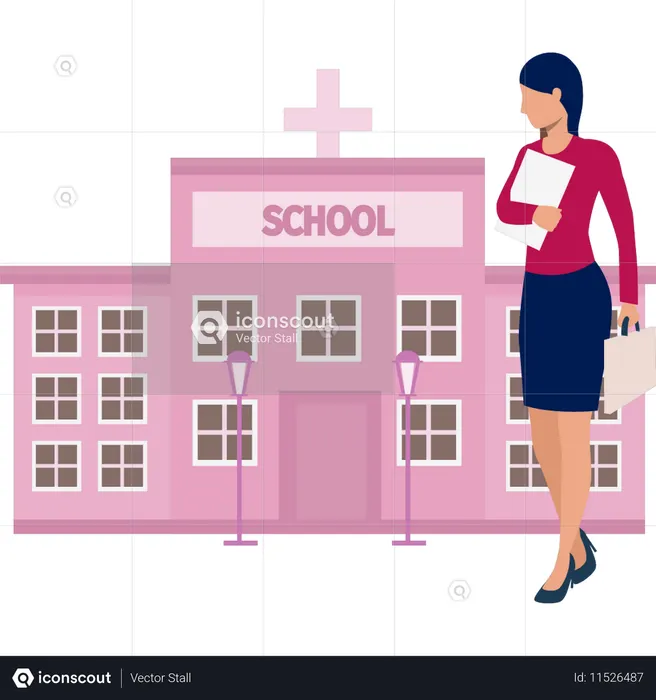 Une femme montre du doigt une école chrétienne  Illustration