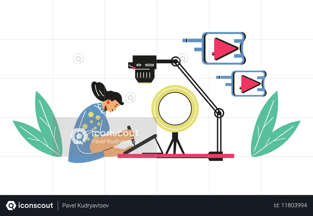 Une femme montre le processus de dessin sur une tablette graphique devant la caméra  Illustration