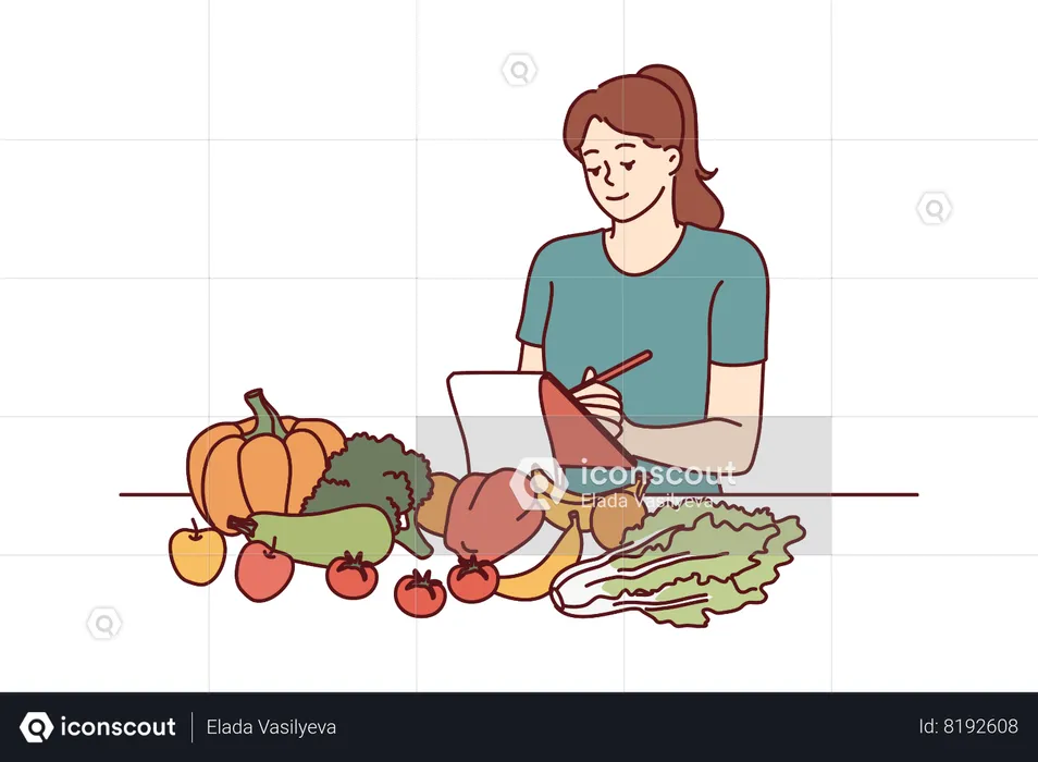 Une nutritionniste se tient près d'une table avec des légumes et prend des notes dans un carnet  Illustration