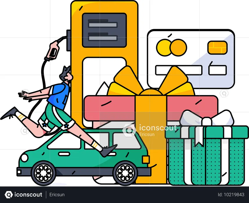 Une femme paie sa facture de carte de crédit à une pompe à essence  Illustration